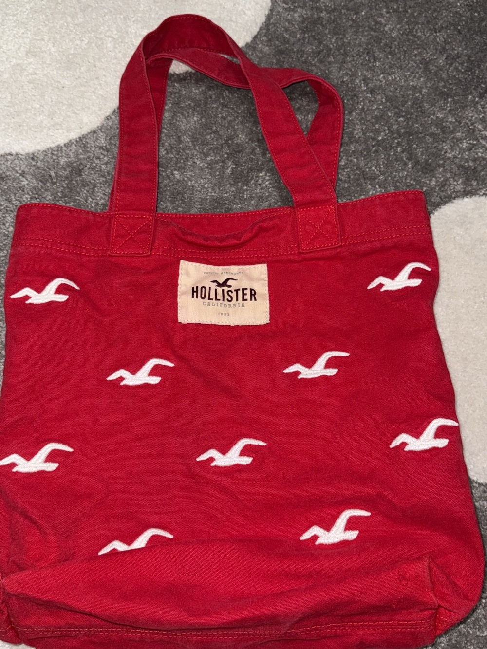 Hollister Red Canvas Tote with White Logo Embroidery